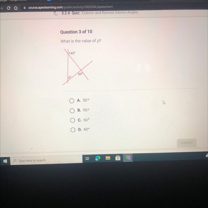 Question 3 of 10 What is the value of p? V140 140° 90- A. 50° ООО B. 90° C. 60° D-example-1