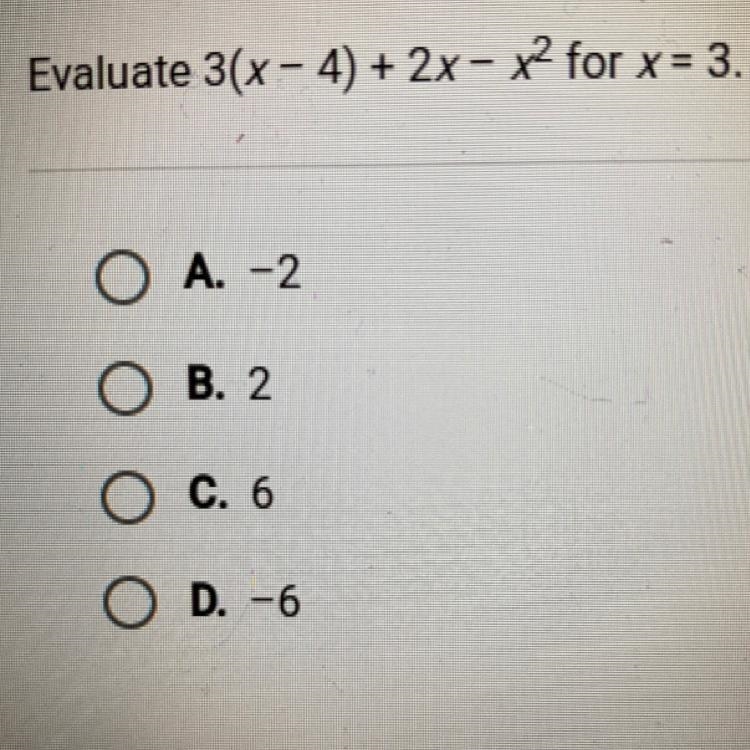 Evaluate 3(x - 4) + 2x– x2 for x = 3.-example-1