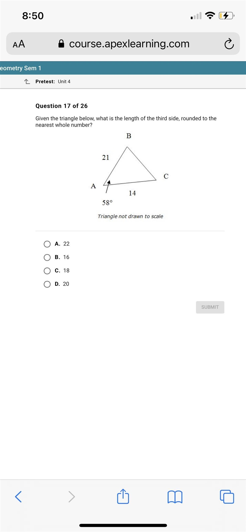 Given the triangle below, what is the length of the third side, rounded to the nearest-example-1