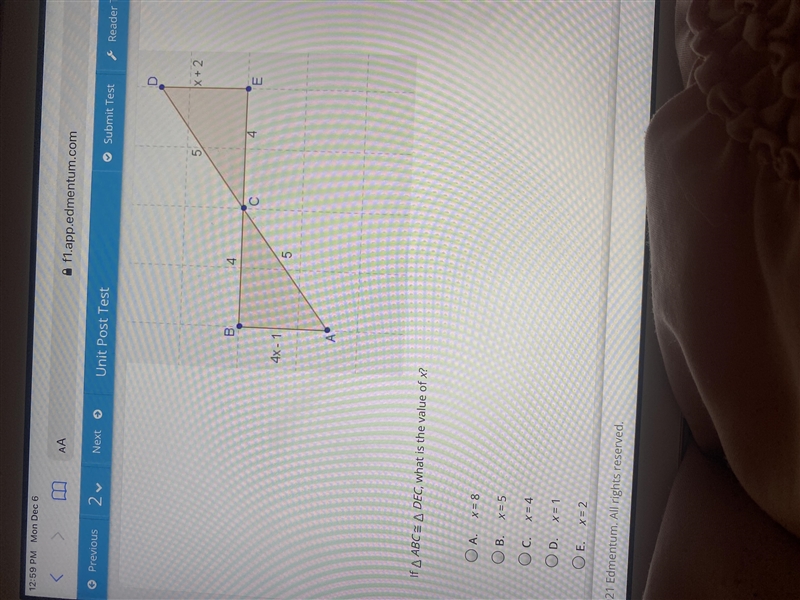 If ^ ABC ≈ ^ DEC, what is the value of x?-example-1