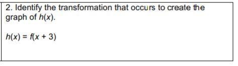 Identify the transformation that occurs to create the graph of h(x). H(x)=f(x+3)-example-1