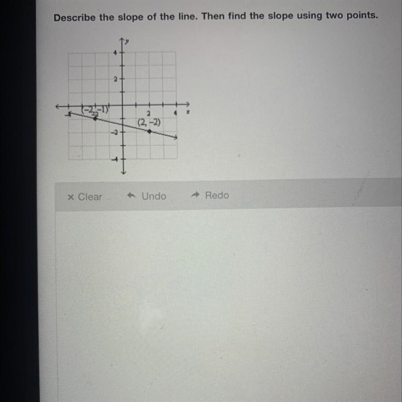 Describe the slope of the line. Then find the slope using two points. helpp step by-example-1