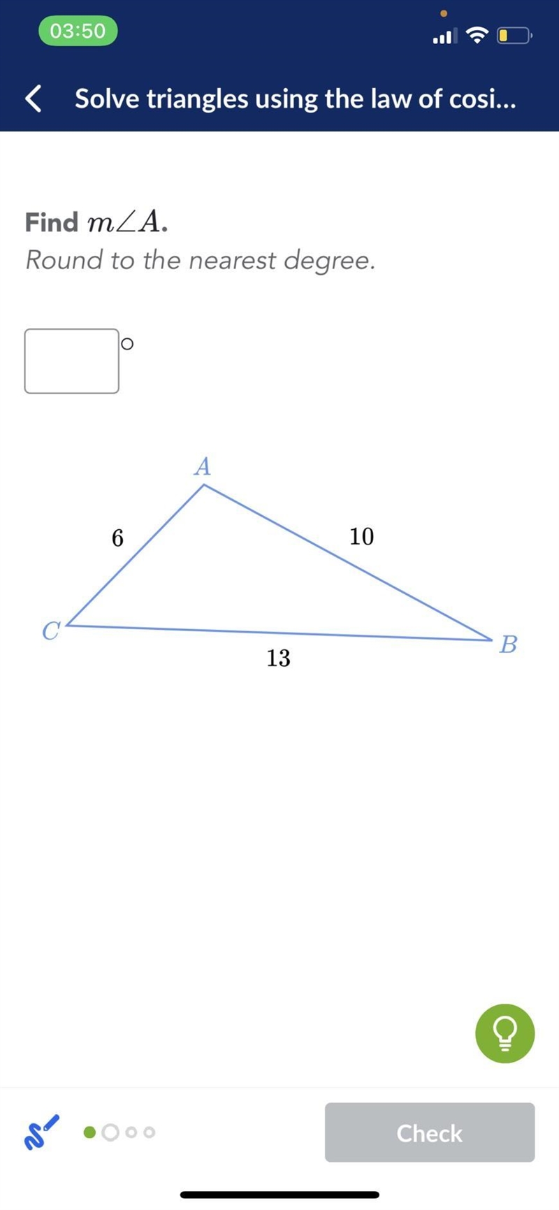 Find m < A Round to the nearest degree. CA = 6 CB = 13 AB = 10-example-1