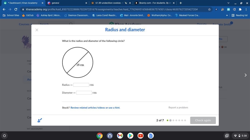 What is the radius and diameter of the following circle?-example-1