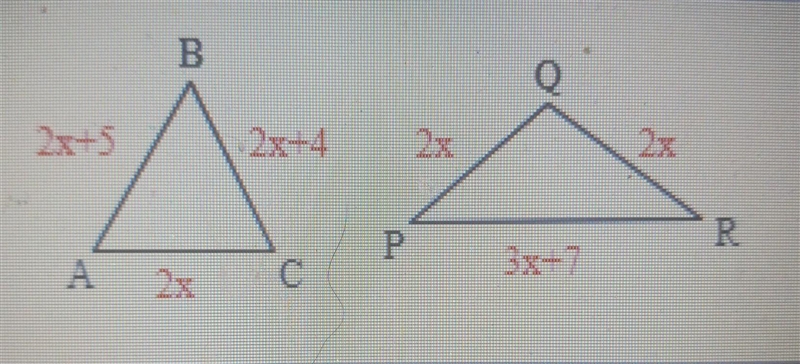 The perimeters of the triangles shown are equal. Find the side lengths of each triangle-example-1