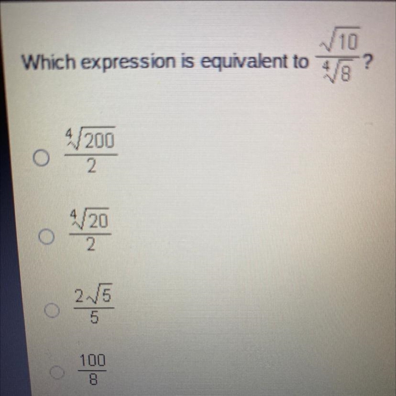 Which expression is equivalent to √10/4√8?-example-1