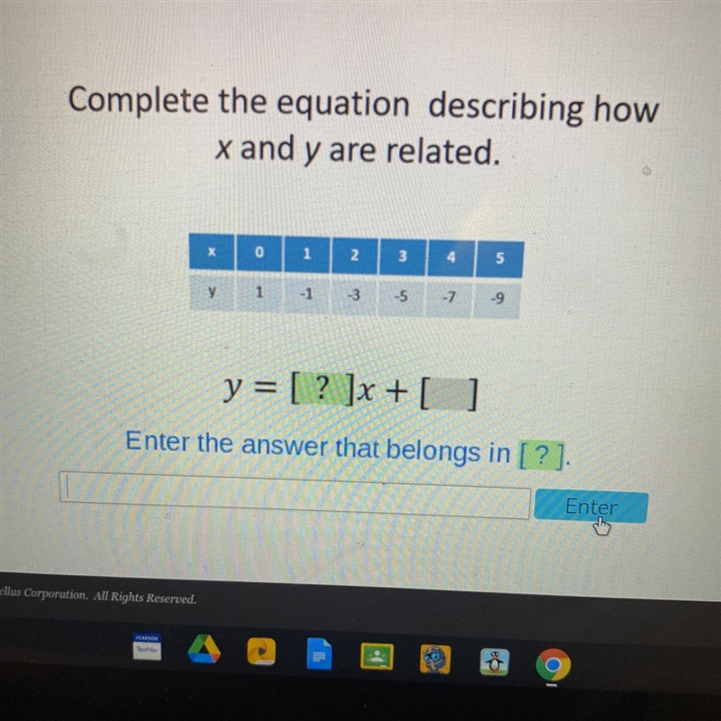 Complete the equation describing how x and y are related.-example-1