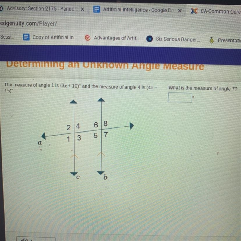 What is the measure of angle 7? The measure of angle 1 is (3x + 10) and the measure-example-1