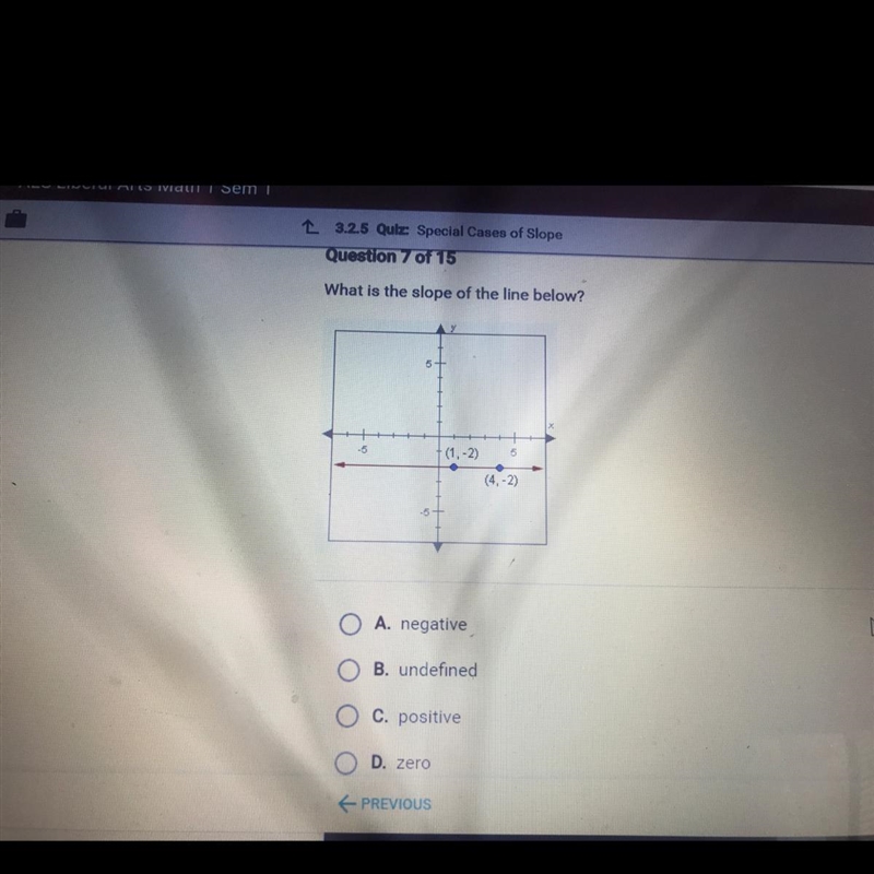What is the slope of the line below? (1-2) ( 4-2) A. negative B. undefined C. positive-example-1