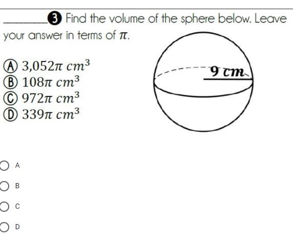 Find the volume of the sphere below. Leave your answer in terms of pi.-example-1