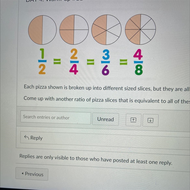 Each pizza shown is broken up into different sized slices, but they are all equivalent-example-1