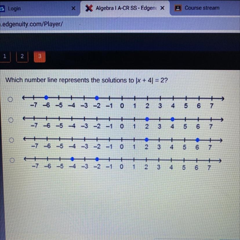 Which number line represents the solutions to x + 4 = 2? + + -6 -5 -4 -3 -2 -1 0 1 2 3 4 5 6 + + O-example-1