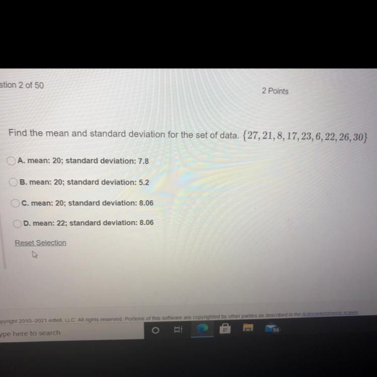 Find the mean and standard deviation for the set of data. {27, 21, 8, 17, 23,6, 22, 26, 30}-example-1