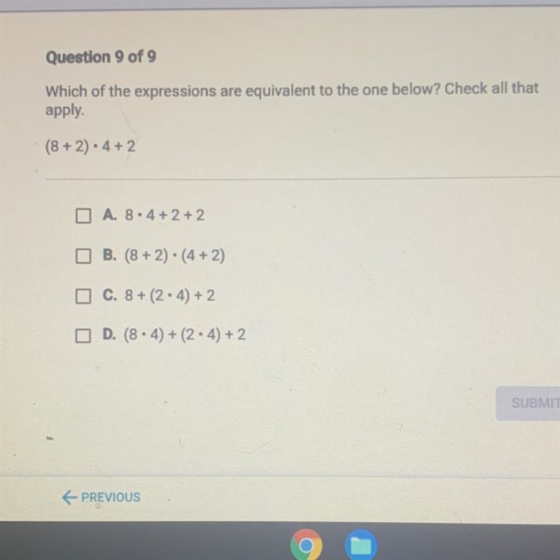 Can someone plz help me Which of the expressions are equivalent to the one below? Check-example-1