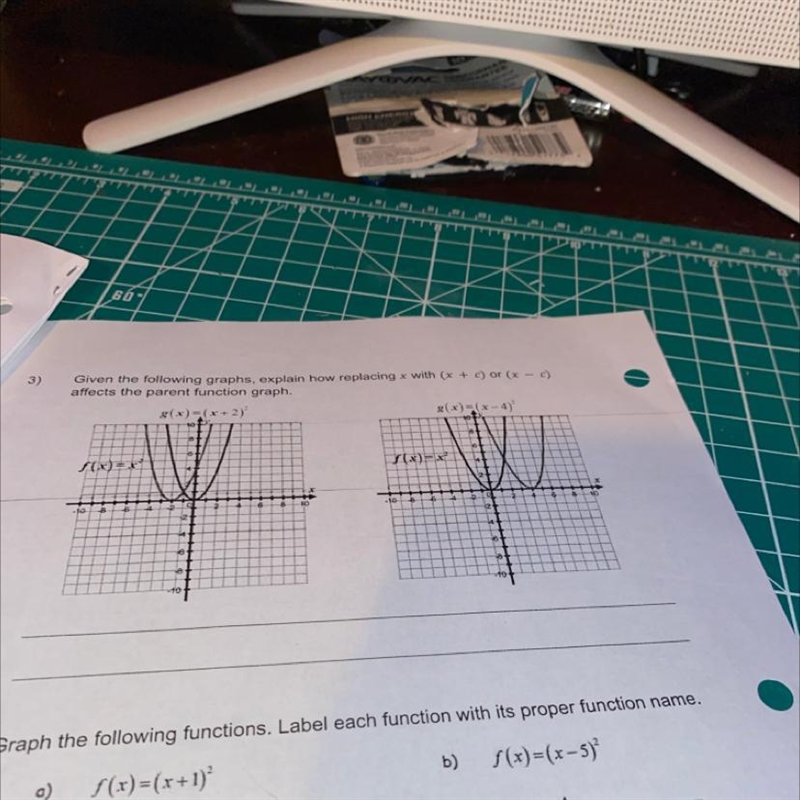 given the following graphs,explain how replacing x with (x+c) or (x-c) affects the-example-1