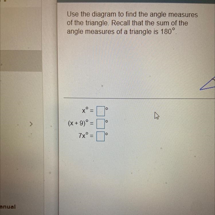 Use the diagram to find the angle measures of triangle. Recall that the sum of the-example-1