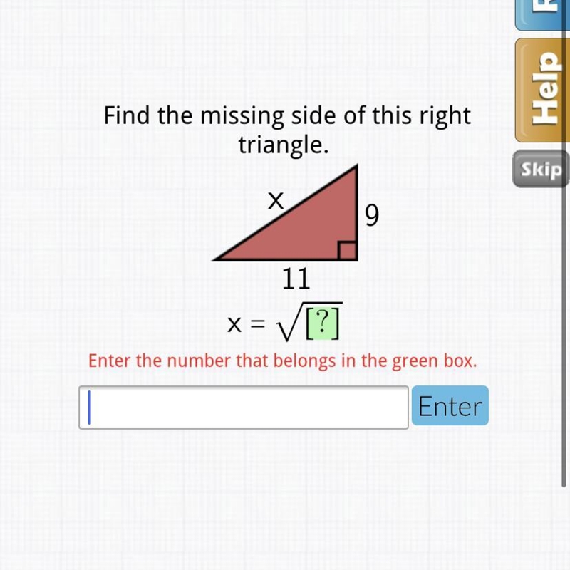 Find the missing side of the right triangle.-example-1