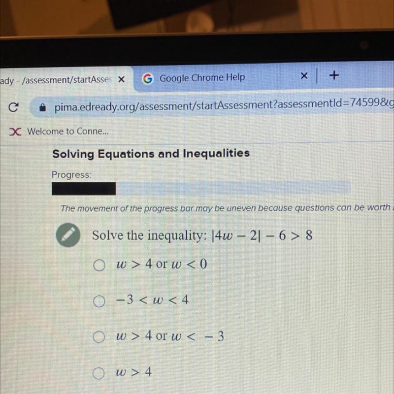 Solve the inequality: |4w – 2|-6>8 PLEASE HELP-example-1