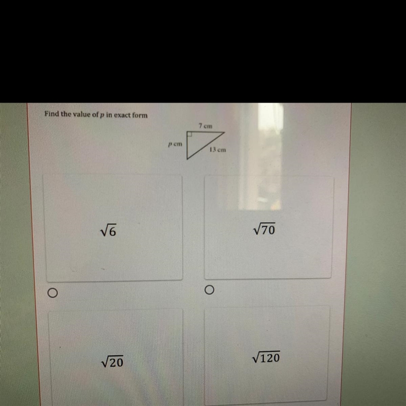 Find the value of p in exact form 7 cm Pem 13 cm-example-1