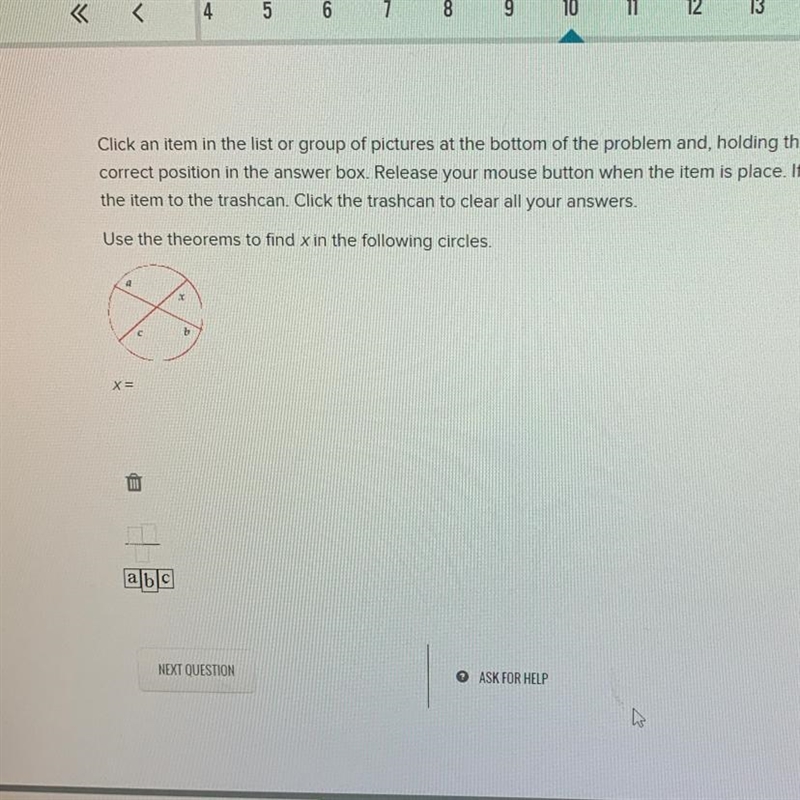 Use thermos to find c in the following circles x= a b c-example-1