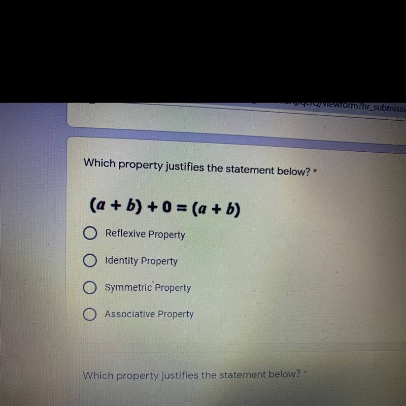 Which property justifies the statement below (A+b) + 0 = (a+b)-example-1