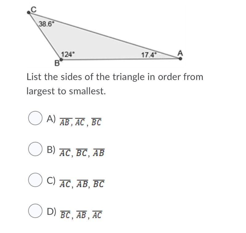 List the sides of the triangle in order from largest to smallest.-example-1