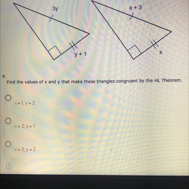 Find the values of x and y that make these triangles congruent by the HL theorem-example-1