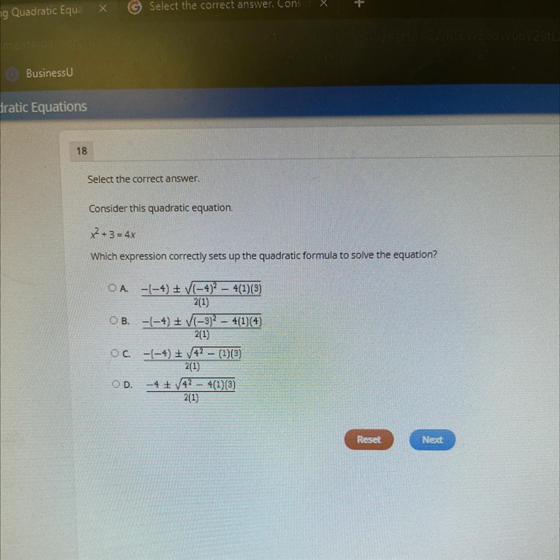 Which expression correctly sets up the quadratic formula to solve the equation-example-1