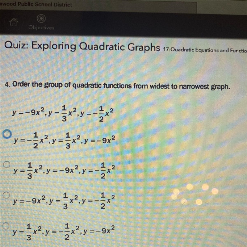 Order the group of quadratic functions from widest to narrowest graph-example-1