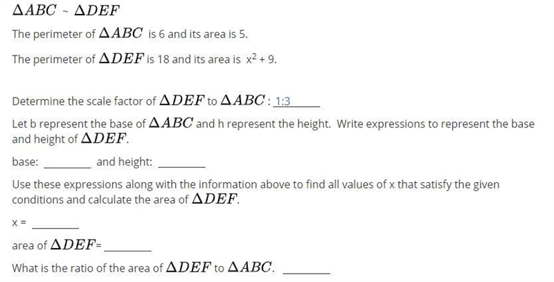 △ ABC ~ △DEF The perimeter of △ ABC is 6 and its area is 5 The perimeter of △DEF is-example-1