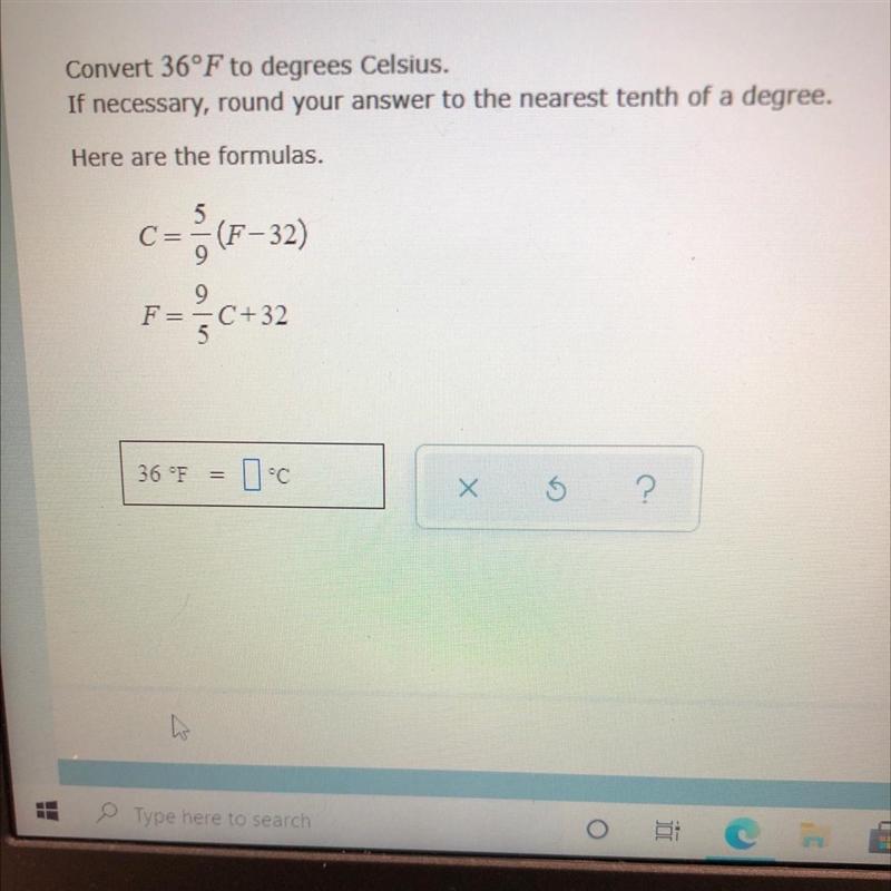 Convert 36°F to degrees Celsius. If necessary, round your answer to the nearest tenth-example-1