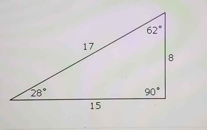 According to this diagram, what is cos 28°? 62° 17 8 28° 90° 15 O A. 17 15 O B. 8 17 O-example-1