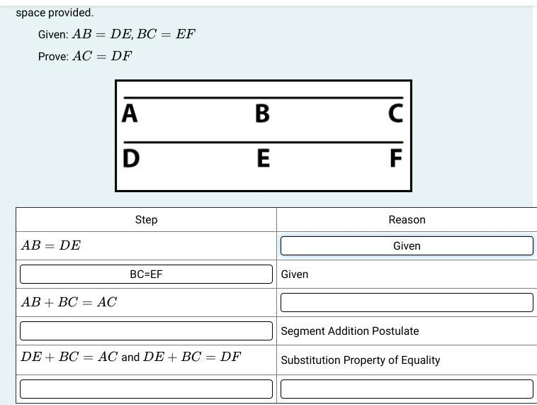 Fill in the blink Given ,Simplify ,BC=EF ,Multiplication Property of Equality ,Substitution-example-1