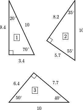 Right triangles 1, 2, and 3 are given with all their angle measures and approximate-example-1