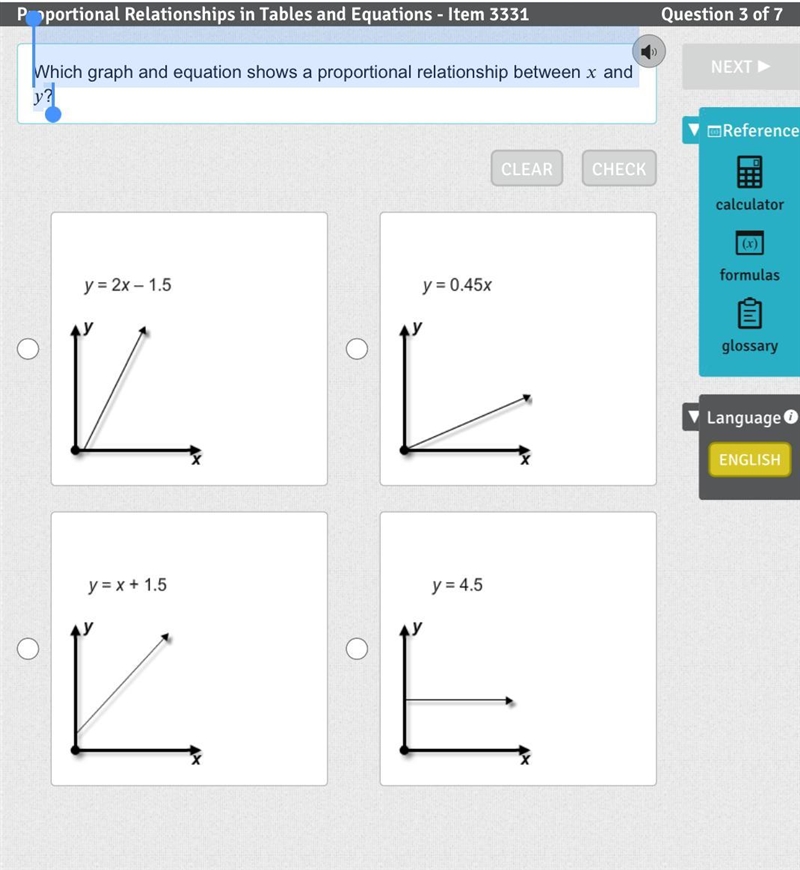 Which graph and equation shows a proportional relationship between and y? NEED HELP-example-1