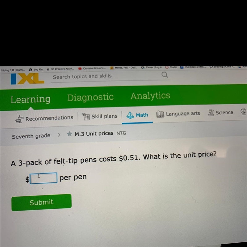 A 3-pack of felt-tip pens cost $0.51. What is the unit price-example-1