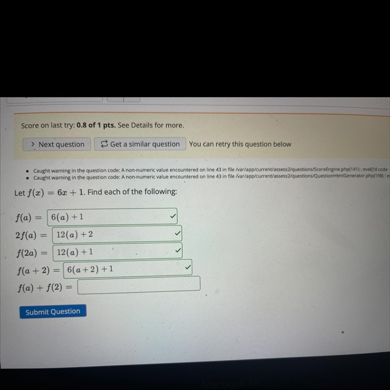 PLEASE HELP! Let f(x)= 6x+1 find f(a) + f(2)-example-1