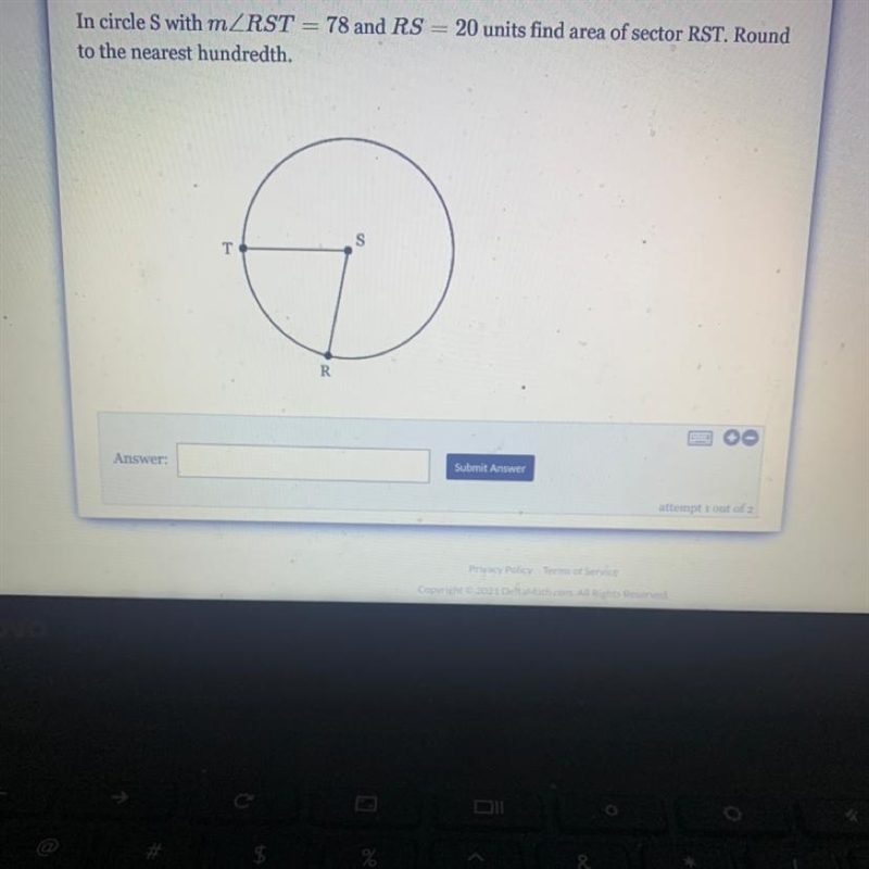 In circle S with mZRST = 78 and RS = 20 units find area of sector RST. Round to the-example-1