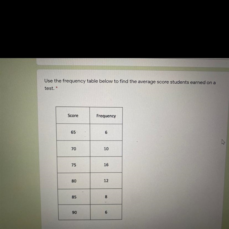 Use the frequency table below to find the average score students earned on a test-example-1