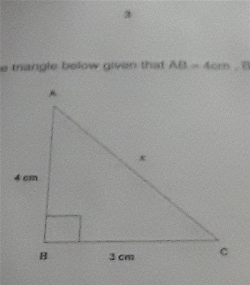 Can someone plz help? solve for x in the triangle below given that AB =4cm ,BC=3cm-example-1