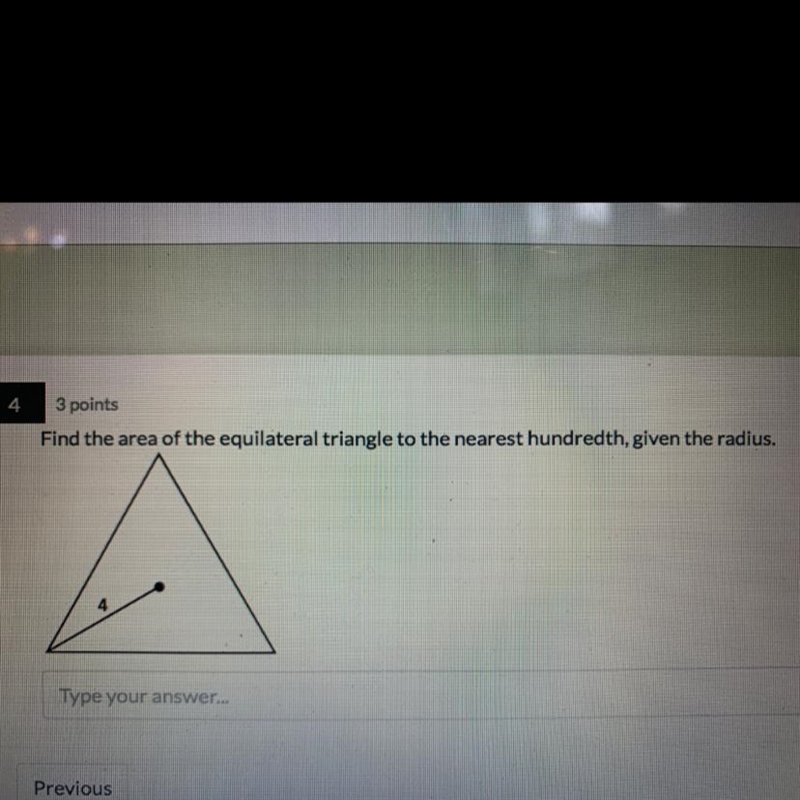 Find the area of the equilateral triangle to the nearest hundredth, given the radius-example-1