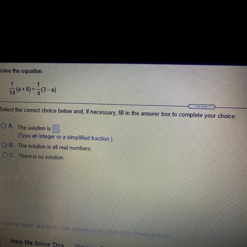 Solve the equation. ta (a + 8) = fr3-a Select the correct choice below and, if necessary-example-1