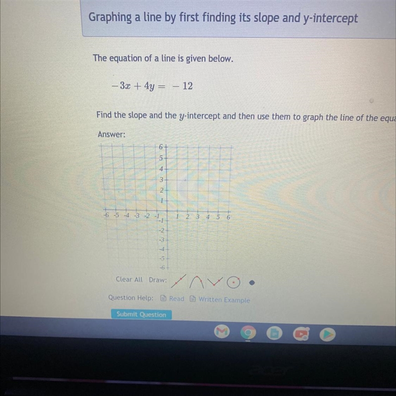 The equation of a line is given below. -3x + 4y = – 12 Find the slope and the y-intercept-example-1