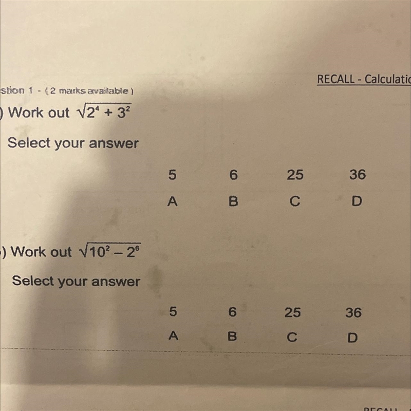 Work out root2^4+3^2 Work out root 10^2-2^6-example-1