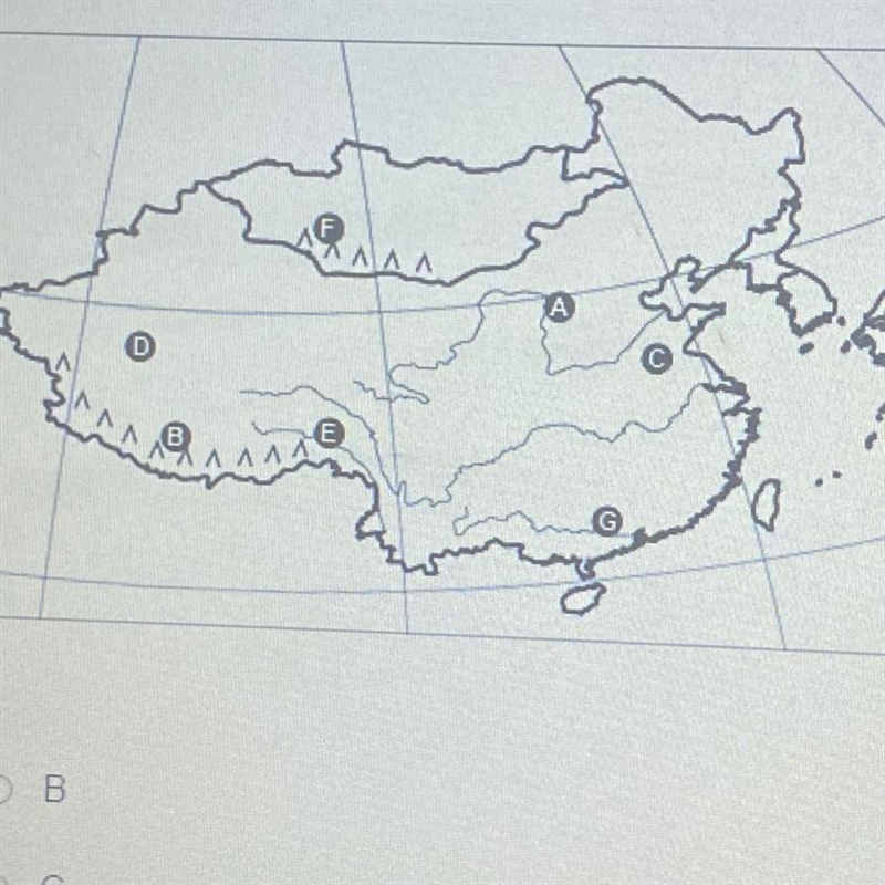 Vnicn letter on the map indicates the location of the North China Plain? AAA o О В-example-1