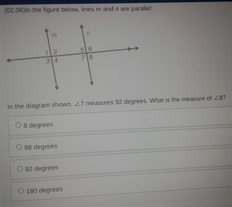 In the figure below lines m and n are parallel. in the diagram shown, Angle 7 measures-example-1