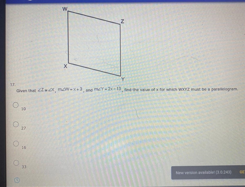 Given that ZZ -- LX, M2W = x + 3, and m_Y = 2%-13) 3, find the value of x for which-example-1