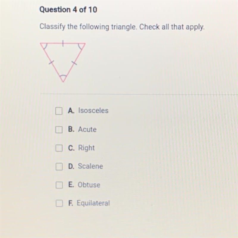 Classify the following triangle. Check all that apply. A. Isosceles B. Acute C. Right-example-1