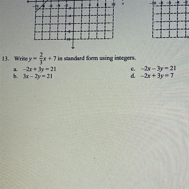 Write y=2/3x+7 in standard form using intergers-example-1