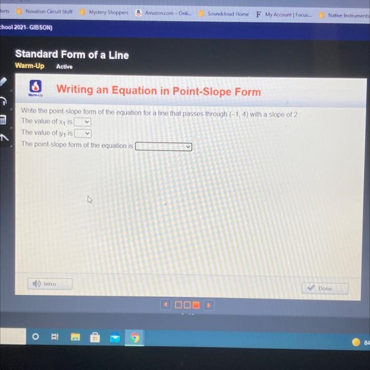 Write the point-slope form of the equation for a line that passes through (-1, 4) with-example-1